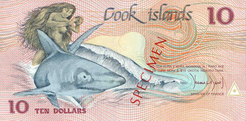 Front of Cook Islands p4s: 10 Dollars from 1987