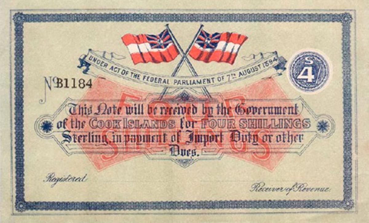 Front of Cook Islands p2: 4 Shillings from 1894