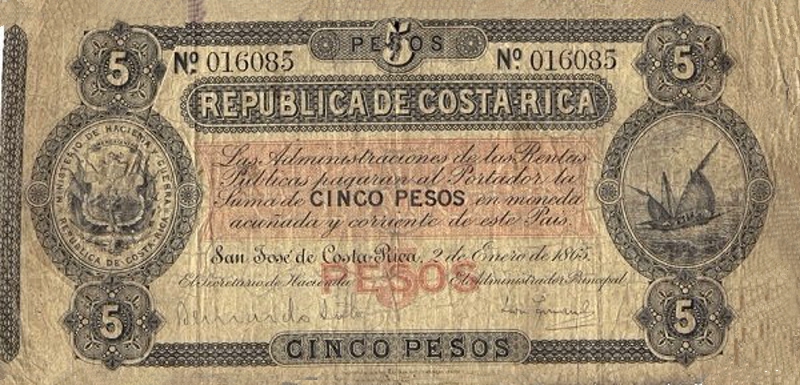 Front of Costa Rica p103: 5 Pesos from 1865