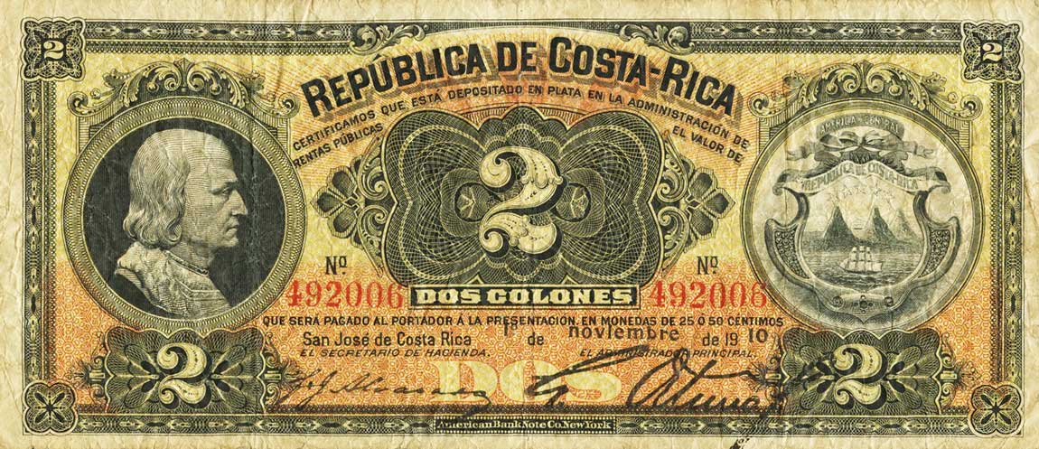 Front of Costa Rica p146a: 2 Colones from 1910
