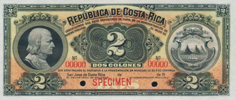 Front of Costa Rica p146s: 2 Colones from 1910