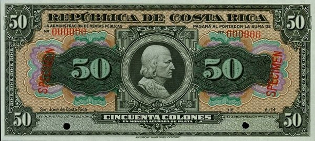 Front of Costa Rica p150s: 50 Colones from 1917
