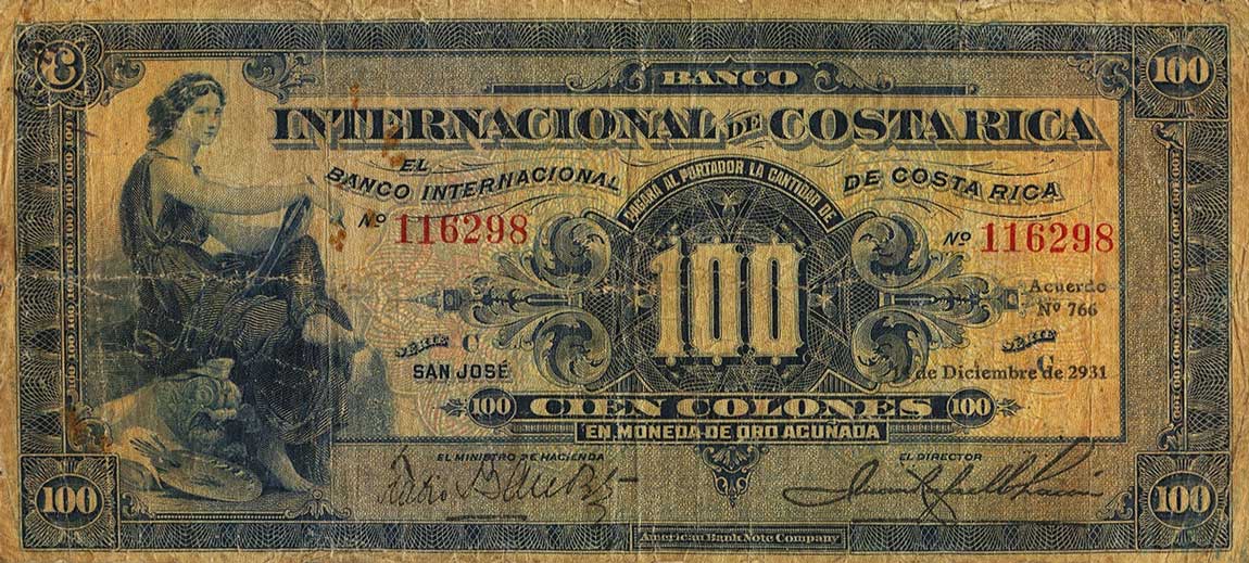 Front of Costa Rica p178x: 100 Colones from 1919
