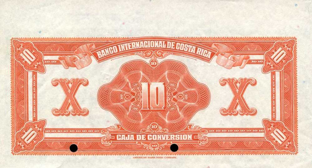 Back of Costa Rica p186s: 10 Colones from 1924