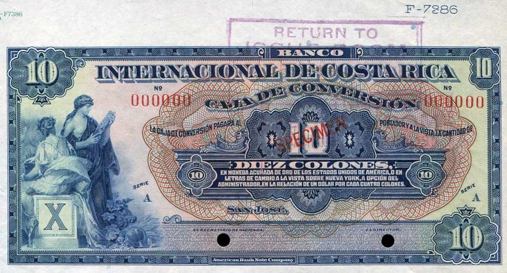 Front of Costa Rica p186s: 10 Colones from 1924