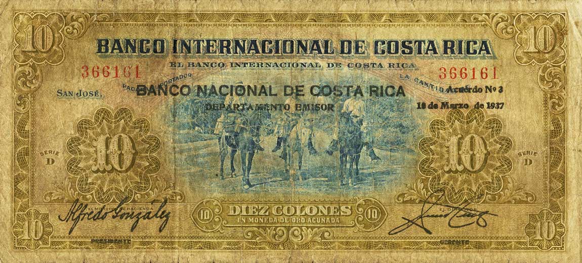 Front of Costa Rica p191: 10 Colones from 1937