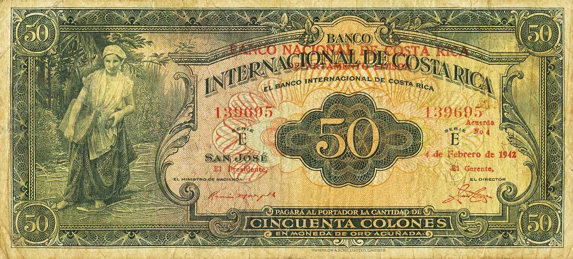 Front of Costa Rica p193: 50 Colones from 1941