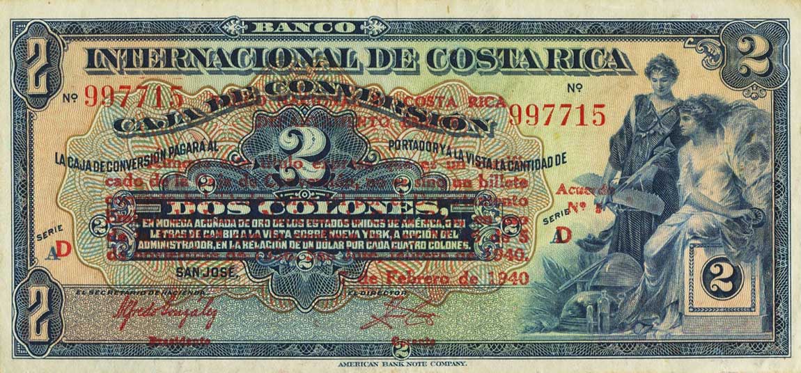 Front of Costa Rica p197a: 2 Colones from 1940