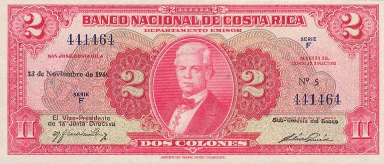 Front of Costa Rica p203a: 2 Colones from 1946