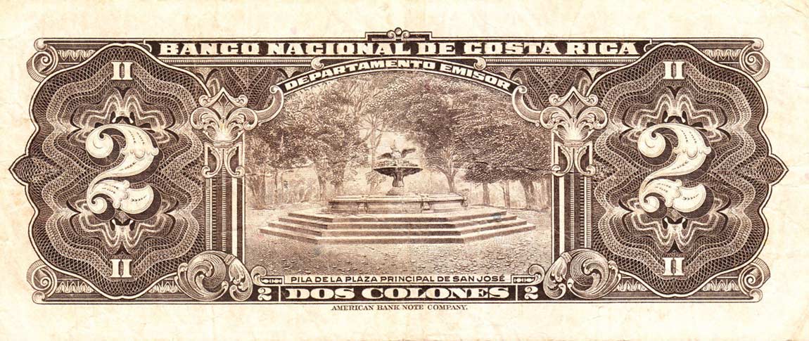 Back of Costa Rica p203b: 2 Colones from 1949