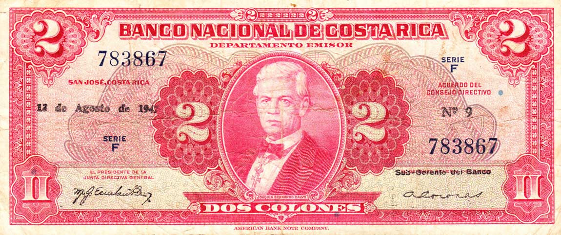 Front of Costa Rica p203b: 2 Colones from 1949