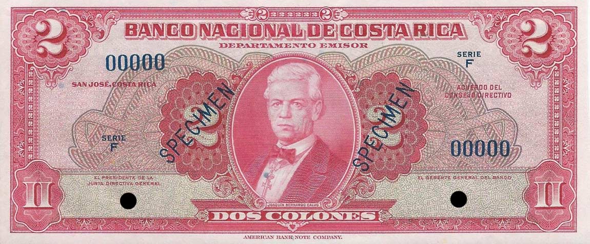 Front of Costa Rica p203s: 2 Colones from 1946