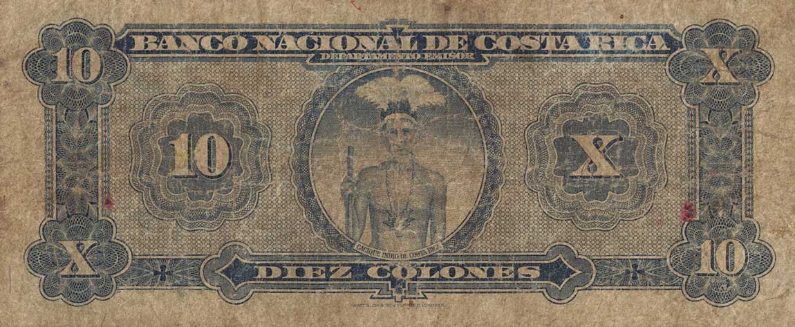 Back of Costa Rica p205a: 10 Colones from 1939