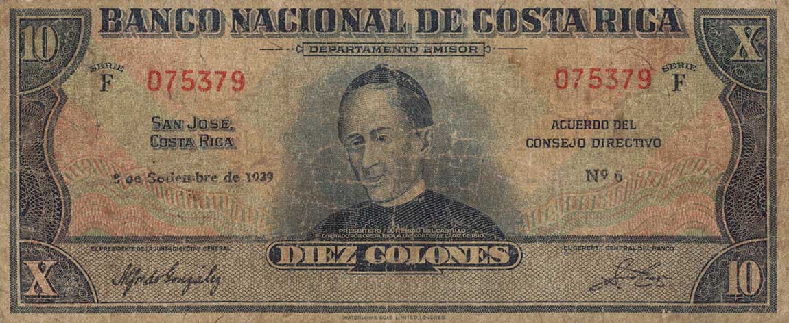 Front of Costa Rica p205a: 10 Colones from 1939