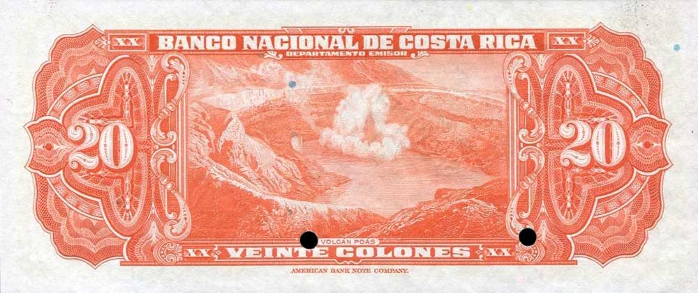 Back of Costa Rica p206s: 20 Colones from 1945