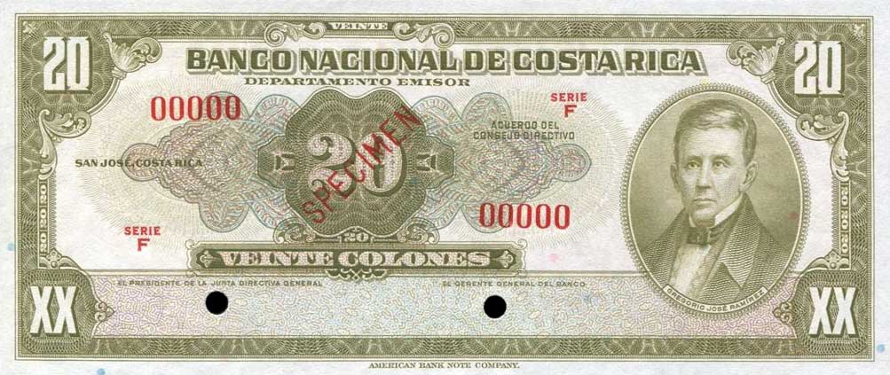 Front of Costa Rica p206s: 20 Colones from 1945