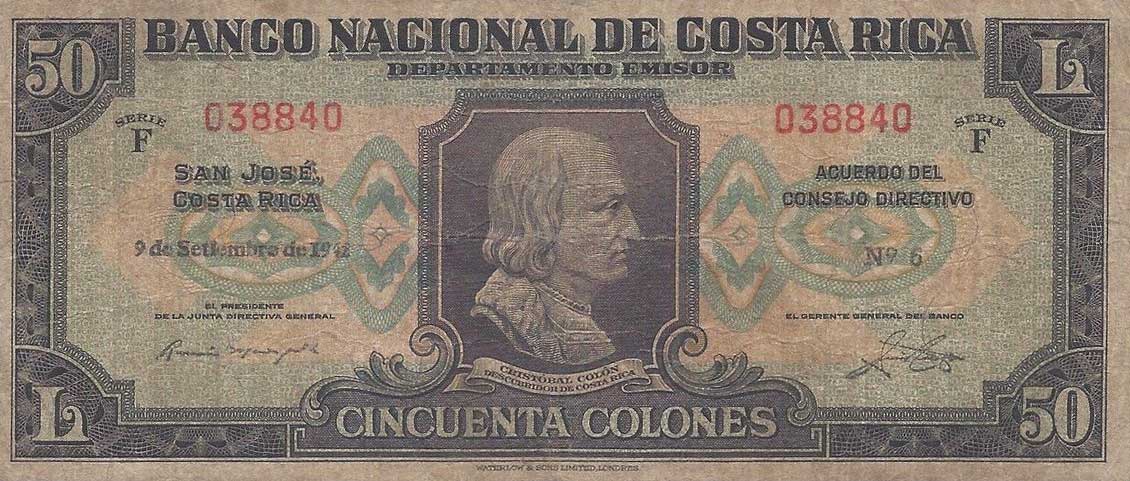 Front of Costa Rica p207a: 50 Colones from 1942