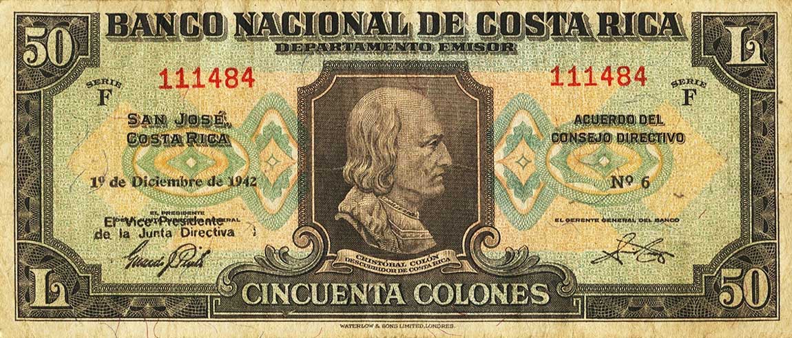Front of Costa Rica p207b: 50 Colones from 1942