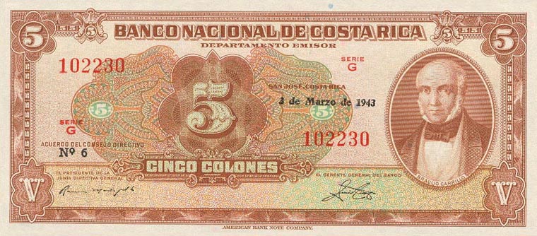 Front of Costa Rica p209a: 5 Colones from 1943