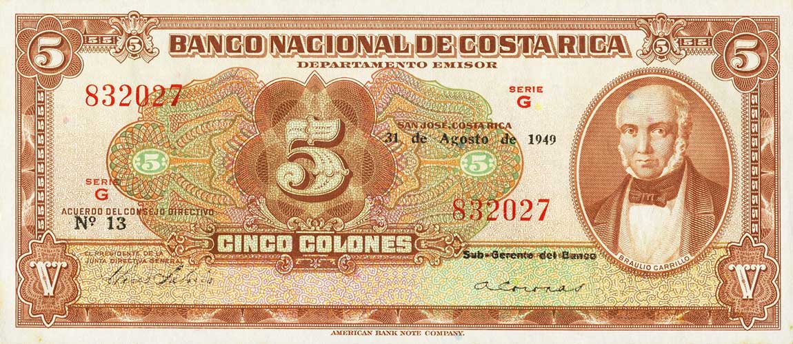 Front of Costa Rica p209c: 5 Colones from 1946