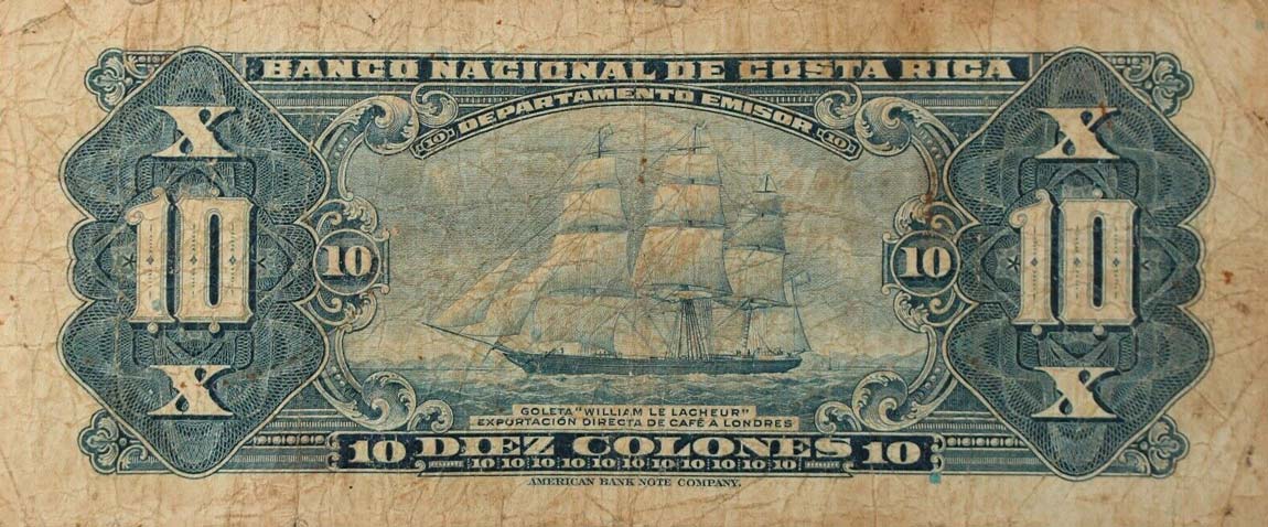 Back of Costa Rica p210a: 10 Colones from 1942