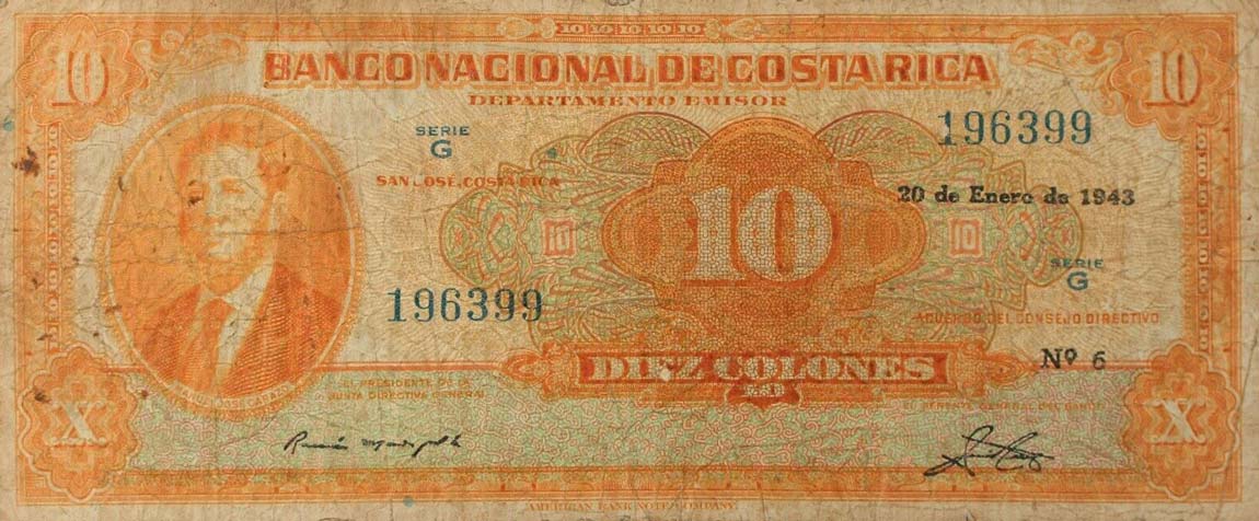 Front of Costa Rica p210a: 10 Colones from 1942