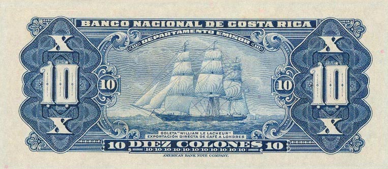 Back of Costa Rica p210b: 10 Colones from 1946