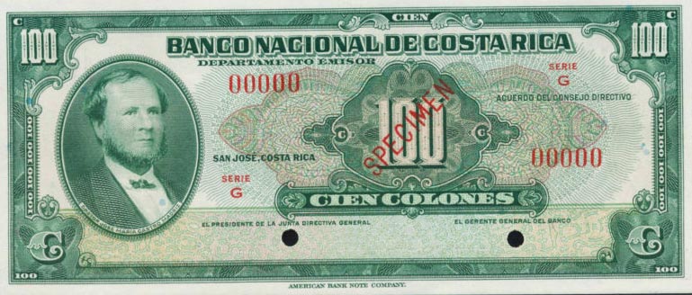 Front of Costa Rica p212s: 100 Colones from 1943
