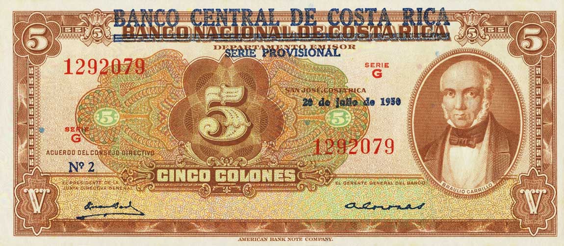 Front of Costa Rica p215a: 5 Colones from 1950