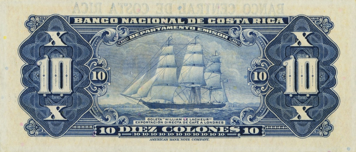 Back of Costa Rica p216b: 10 Colones from 1950