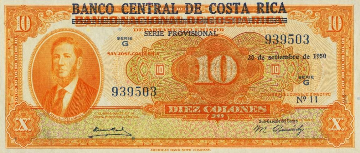 Front of Costa Rica p216b: 10 Colones from 1950