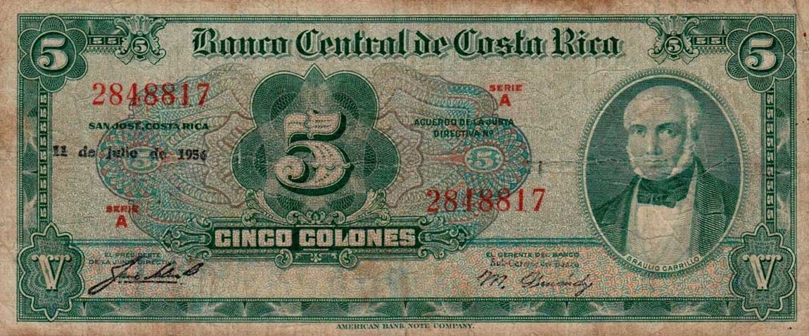 Front of Costa Rica p220c: 5 Colones from 1956