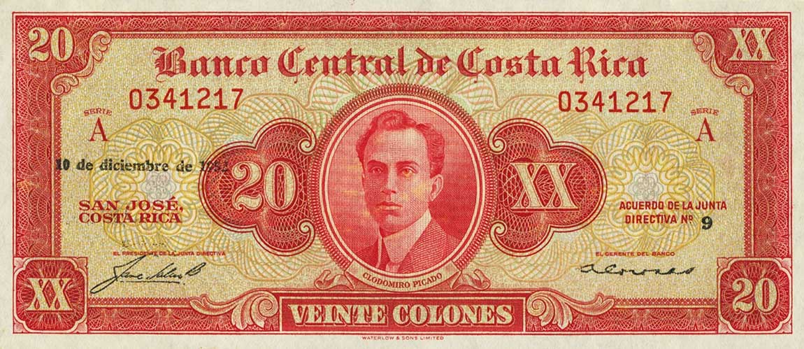 Front of Costa Rica p222a: 20 Colones from 1952