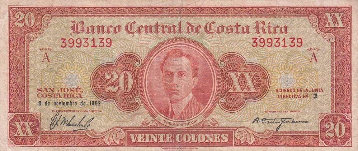 Front of Costa Rica p222c: 20 Colones from 1957