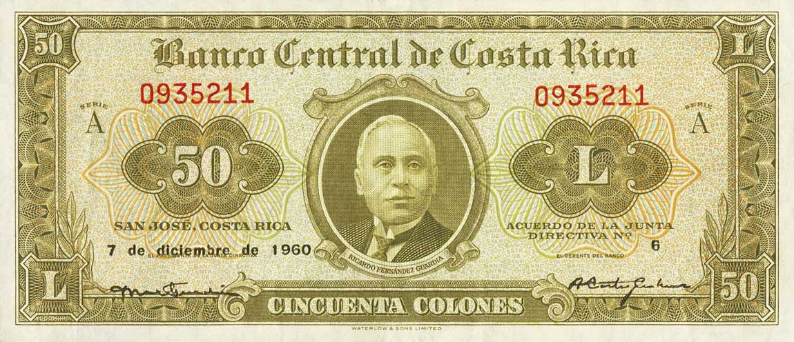 Front of Costa Rica p223b: 50 Colones from 1960