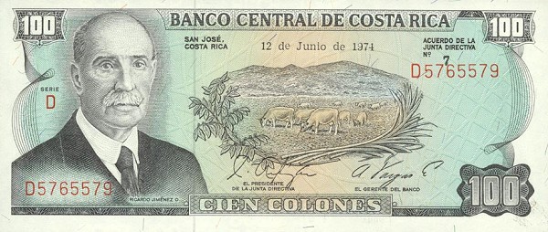 Front of Costa Rica p240a: 100 Colones from 1969