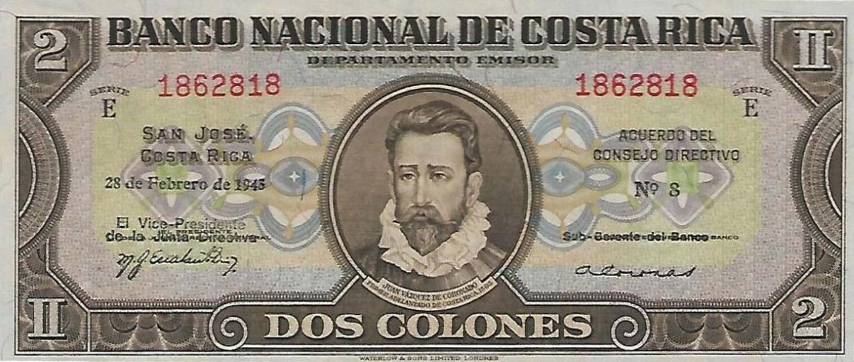 Front of Costa Rica p201d: 2 Colones from 1945