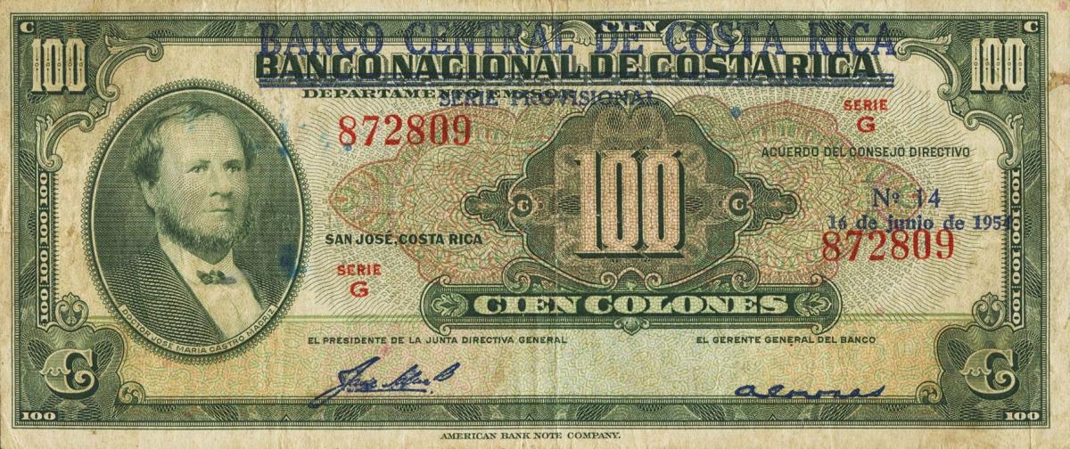 Front of Costa Rica p219a: 100 Colones from 1952