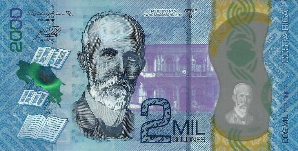 Front of Costa Rica p281: 2000 Colones from 2018