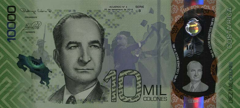 Front of Costa Rica p283: 10000 Colones from 2019