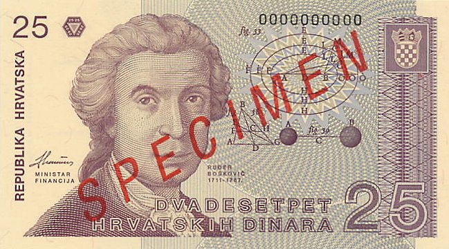 Front of Croatia p19s: 25 Dinara from 1991