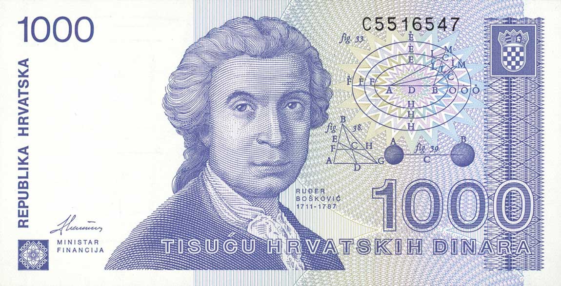 Front of Croatia p22a: 1000 Dinara from 1991