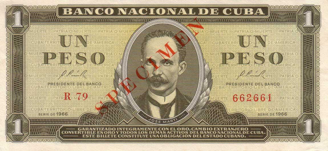 Front of Cuba p100s: 1 Peso from 1966