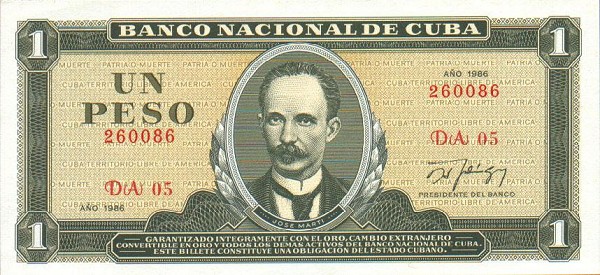 Front of Cuba p102c: 1 Peso from 1986