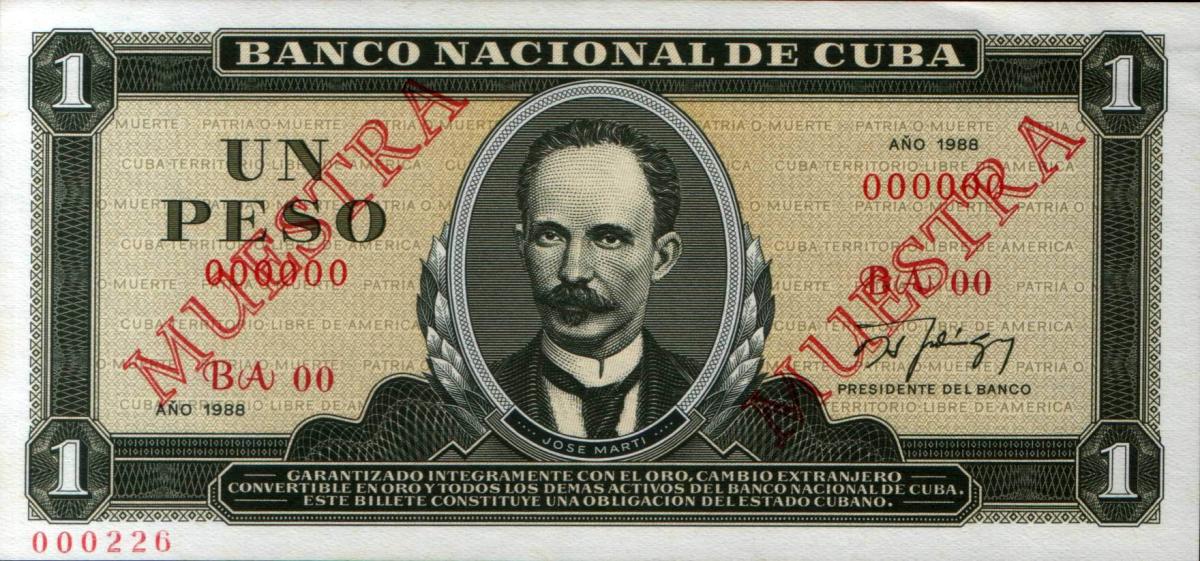 Front of Cuba p102s3: 1 Peso from 1988