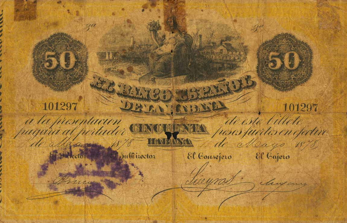Front of Cuba p14: 50 Pesos from 1869