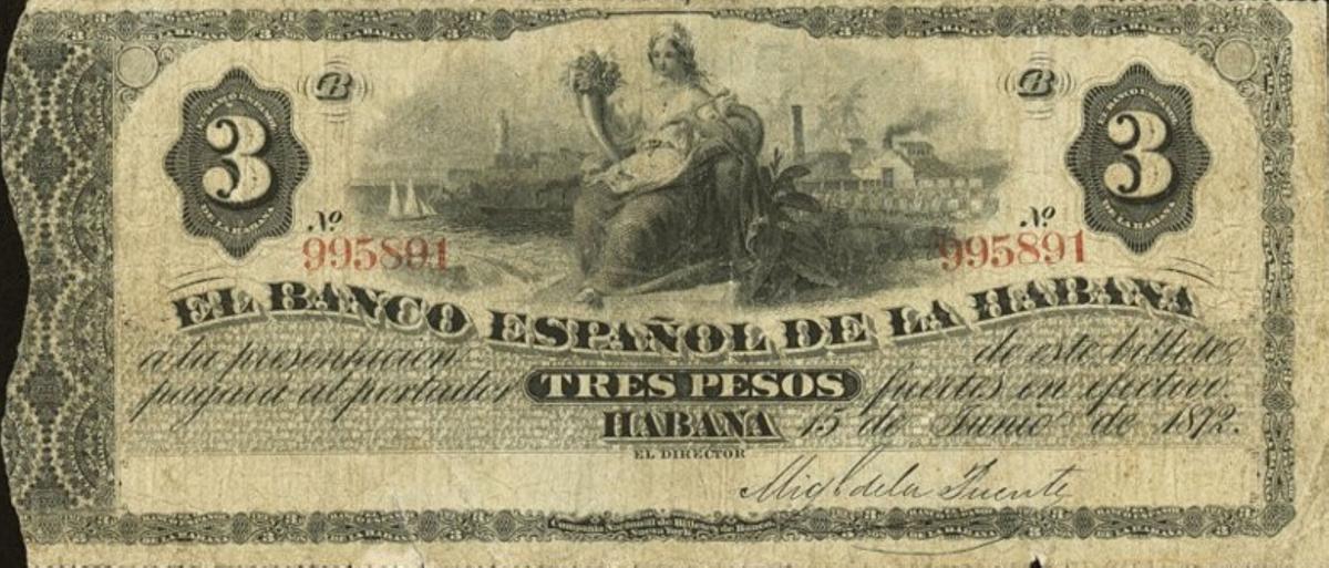 Front of Cuba p28a: 3 Pesos from 1872