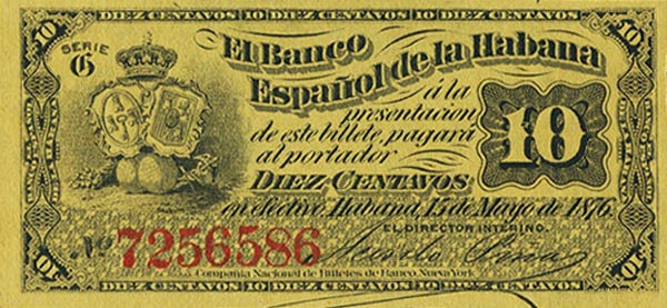 Front of Cuba p30c: 10 Centavos from 1876