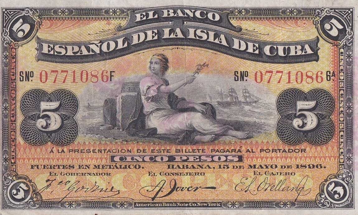 Front of Cuba p48b: 5 Pesos from 1896