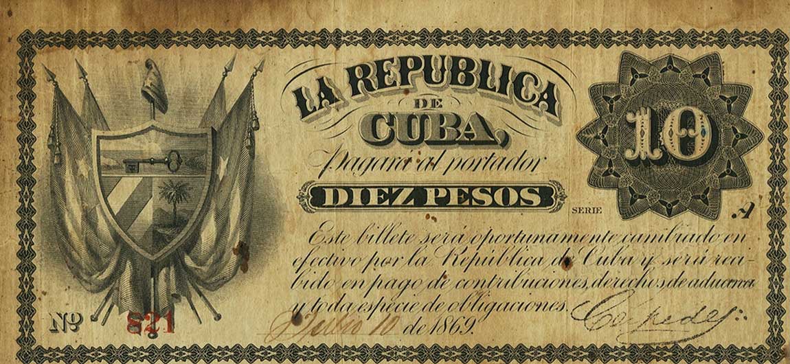 Front of Cuba p57b: 10 Pesos from 1869